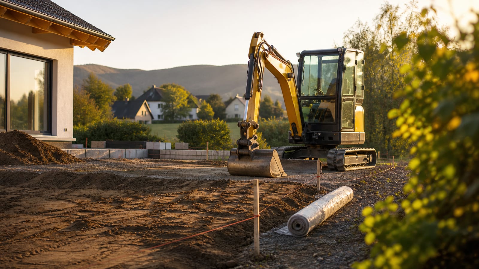 KI für Bauunternehmen hilft bei Mietanfragen, Wartungsprotokollen und dem Bautagebuch. Ein Minibagger steht am Rand einer kleinen Baustelle, die Schaufel abgesetzt, daneben Vermessungspflöcke. (KI-generierte Illustration)