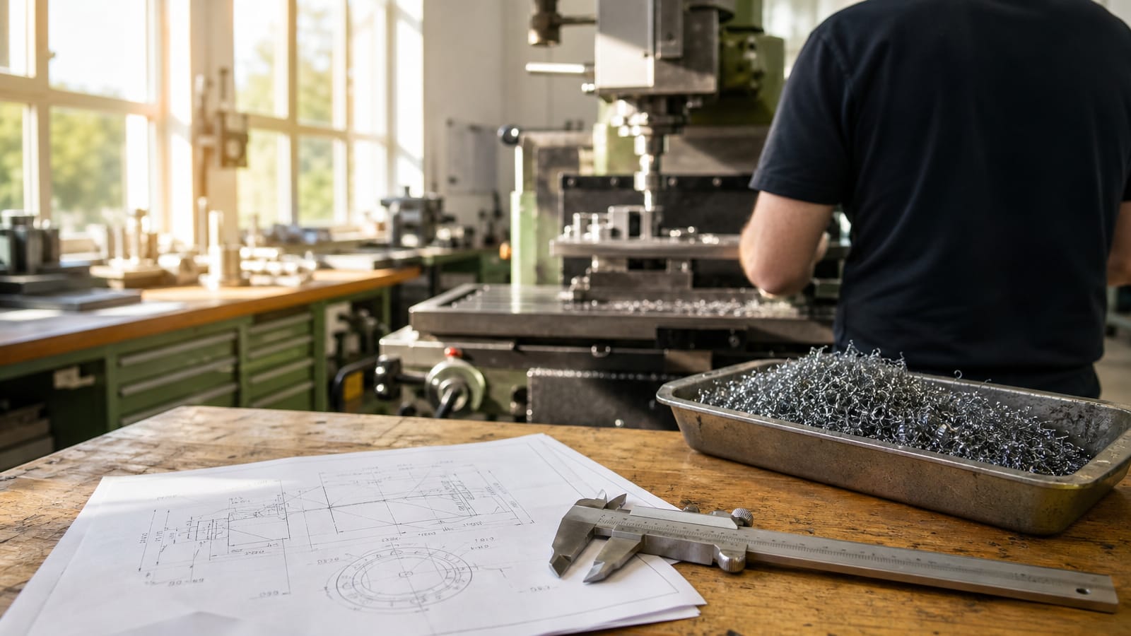 KI im Metallbau setzt bei Ausschreibung, Kalkulation und Nachweis an, nicht an der Maschine. Ein Facharbeiter steht von hinten an einer Fräsmaschine, davor liegen Zeichnung und Messschieber auf der Werkbank. (KI-generierte Illustration)