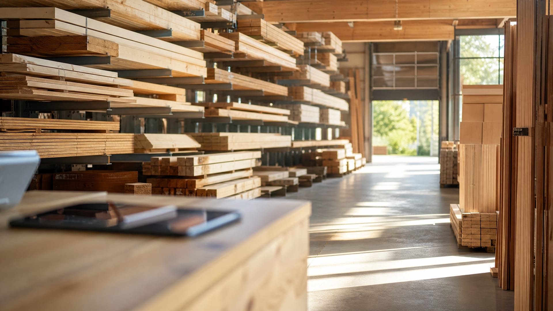 KI-Agentur Thüringen arbeitet mit Baustoff- und Holzhändlern in Thüringen. Blick in eine Lagerhalle mit Holzregalen, im unscharfen Vordergrund die Ecke eines Verkaufstresens mit Tablet. (KI-generierte Illustration)