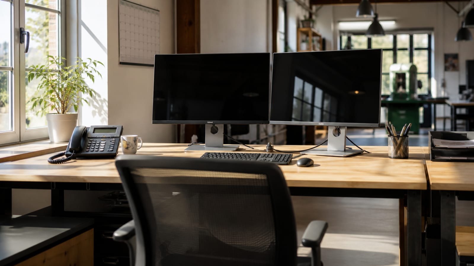 Claude, ChatGPT oder Copilot im Unternehmen einführen beginnt am vorhandenen Arbeitsplatz. Ein aufgeräumtes Zweipersonenbüro mit zwei ausgeschalteten Monitoren, Telefon und Wandkalender. (KI-generierte Illustration)