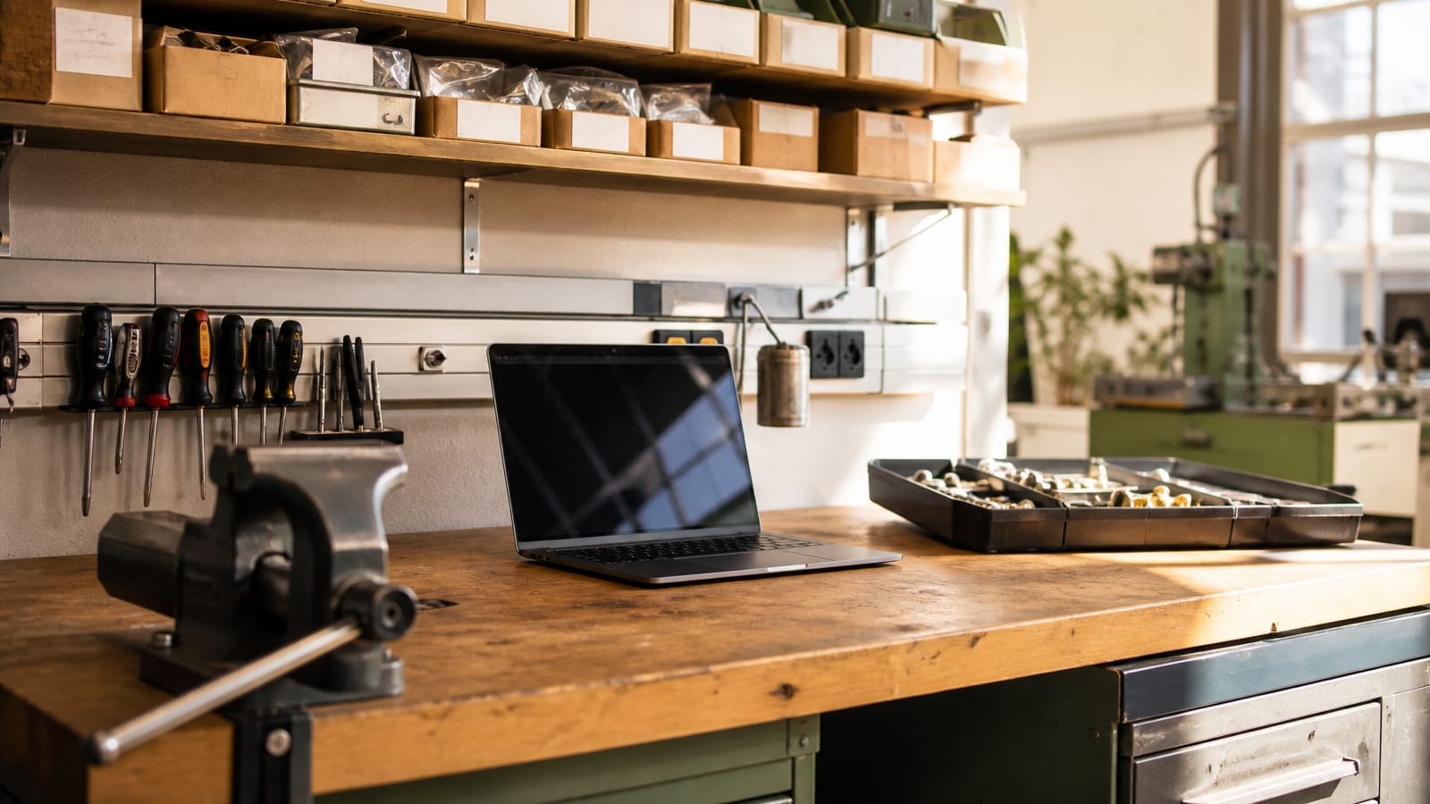 KI-Implementierung im Mittelstand heißt, Werkzeuge dort einzurichten, wo gearbeitet wird. Auf einer Werkbank steht ein Laptop mit dunklem Bildschirm zwischen Schraubstock und Kleinteilen, darüber ein Regal mit beschrifteten Kästen. (KI-generierte Illustration)