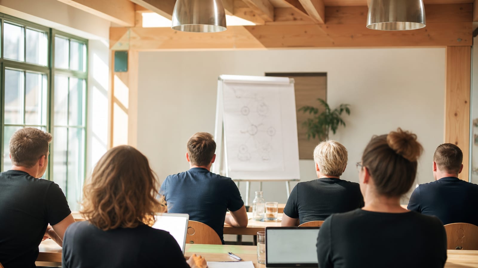 Bei der KI-Schulung für Mitarbeiter wird an echten Aufgaben aus dem eigenen Betrieb gearbeitet. Blick von hinten in einen Pausenraum, in dem mehrere Personen mit Laptops an einem langen Tisch sitzen, vorn ein Flipchart. (KI-generierte Illustration)