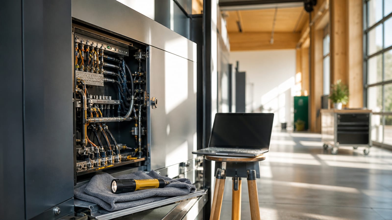 Ein Vertrag für KI-Wartung und Support hält Systeme aktuell, so wie eine Maschine gewartet wird. Eine geöffnete Wartungsklappe an einer Industriemaschine, daneben eine Taschenlampe und ein Laptop auf einem Hocker. (KI-generierte Illustration)