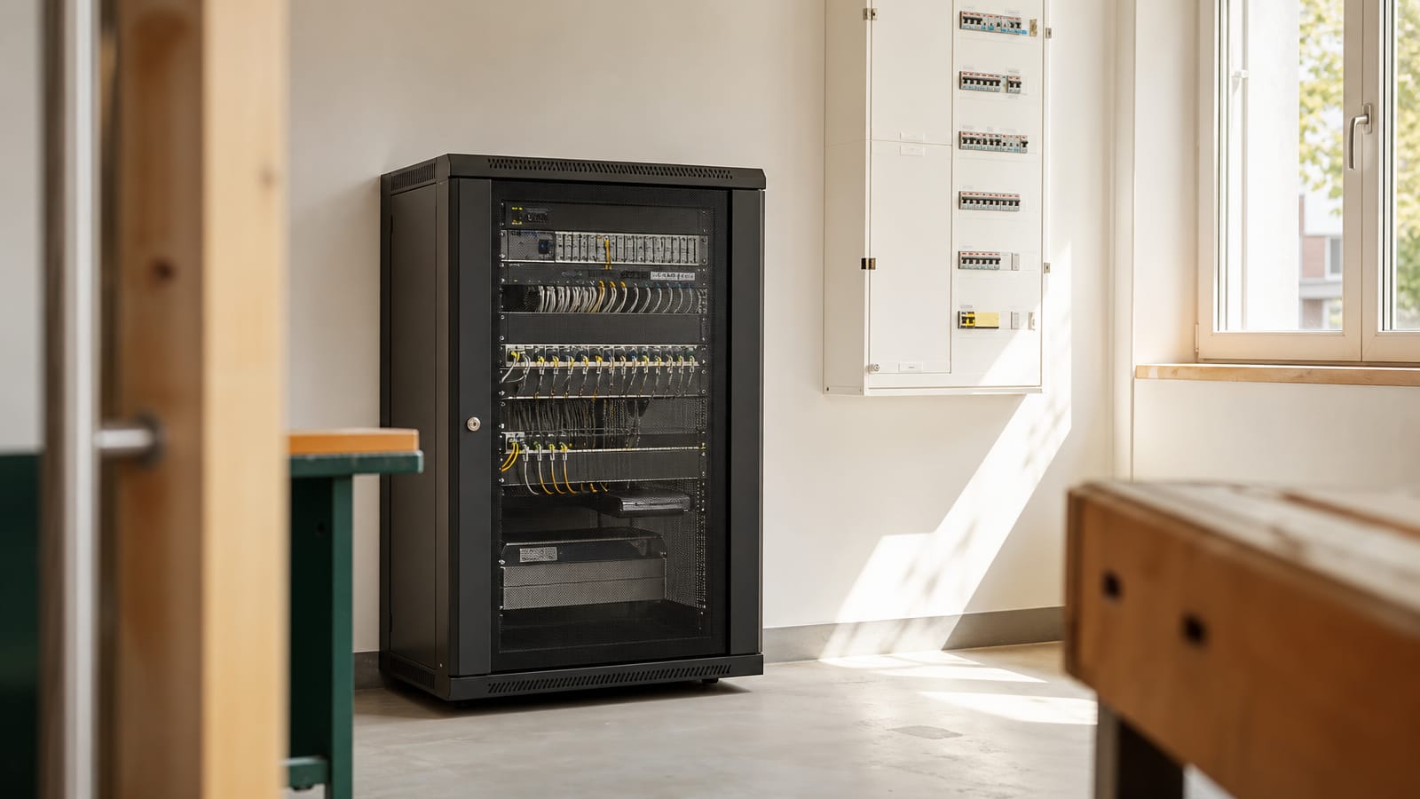 Lokale KI datenschutzkonform zu betreiben heißt, den Server ins eigene Haus zu stellen. Ein halbhoher Serverschrank steht im Technikraum eines kleinen Betriebs neben dem Sicherungskasten. (KI-generierte Illustration)