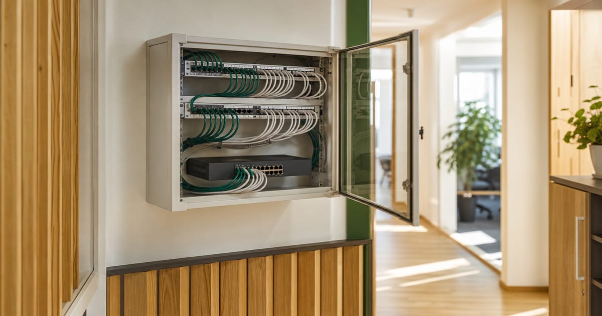 Lokale KI oder Cloud entscheidet sich an der Frage, welche Daten das Haus verlassen dürfen. Ein geöffneter Wandschrank mit Patchfeld und Switch auf einem Büroflur, Kabel in zwei Farben gebündelt. (KI-generierte Illustration)
